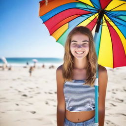 A cheerful 15-year-old girl enjoying her time at the beach