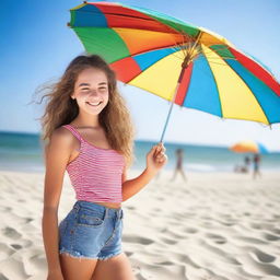 A cheerful 15-year-old girl enjoying her time at the beach