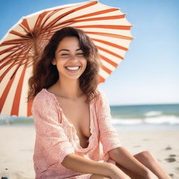 A cheerful young woman in her twenties enjoying her time at the beach