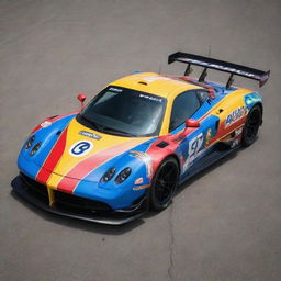 A Pagani car transformed into the NASCAR edition, featuring dazzling colors, race-specific modifications, and garnished with multiple sponsor decals.