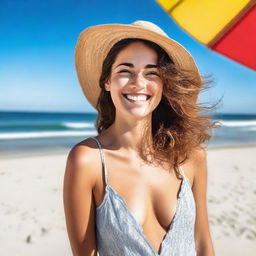 A cheerful young woman in her twenties enjoying her time at the beach