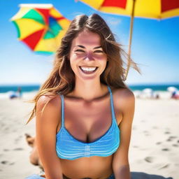 A cheerful young woman in her twenties enjoying her time at the beach