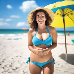 A cheerful young woman in her twenties enjoying her time at the beach