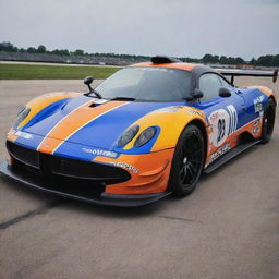 A Pagani car transformed into the NASCAR edition, featuring dazzling colors, race-specific modifications, and garnished with multiple sponsor decals.