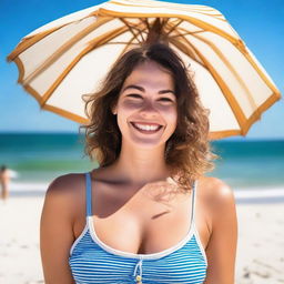 A cheerful young woman in her twenties enjoying her time at the beach