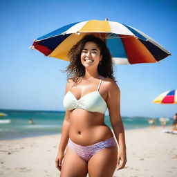 A cheerful young woman in her twenties enjoying her time at the beach