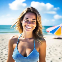 A cheerful young woman in her twenties enjoying her time at the beach