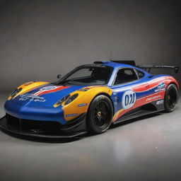 A Pagani car transformed into the NASCAR edition, featuring dazzling colors, race-specific modifications, and garnished with multiple sponsor decals.