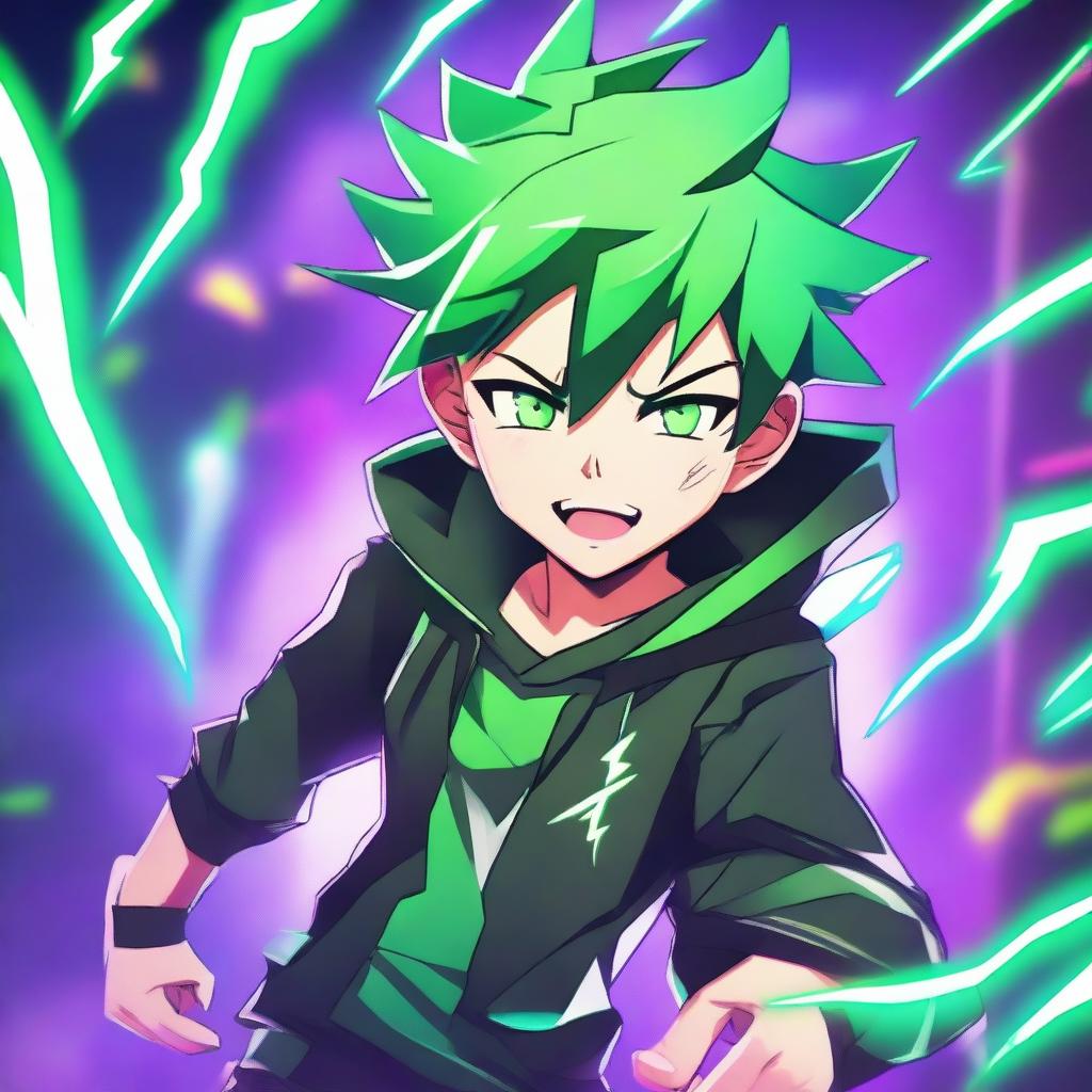 A gaming boy with green hair and a lightning-themed face