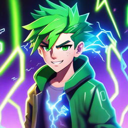 A gaming boy with green hair and a lightning-themed face