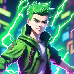 A gaming boy with green hair and a lightning-themed face