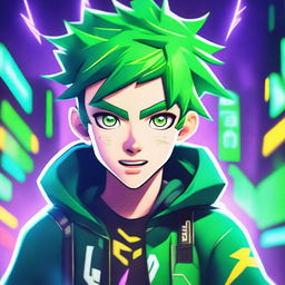 A gaming boy with green hair and a lightning-themed face