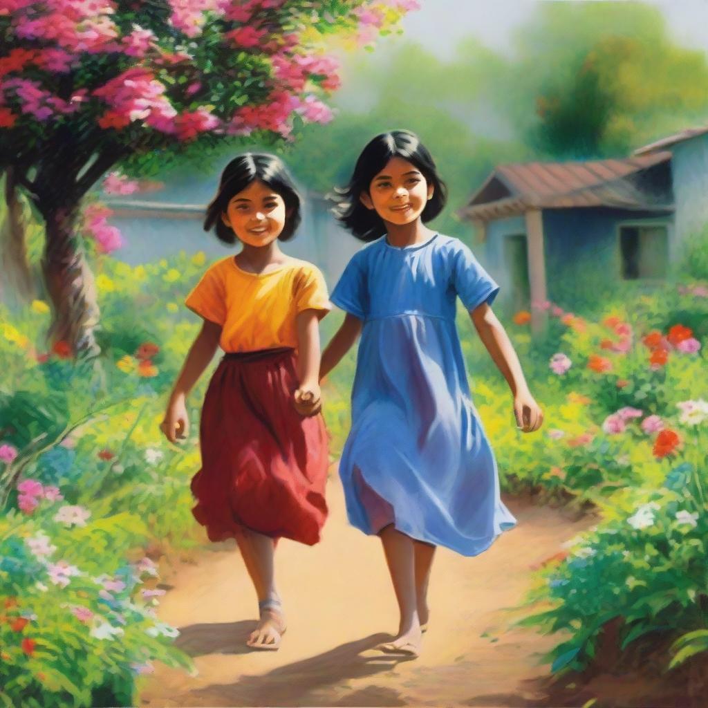 A village girl with her younger brother playing joyfully in a vibrant garden filled with blooming flowers and lush greenery