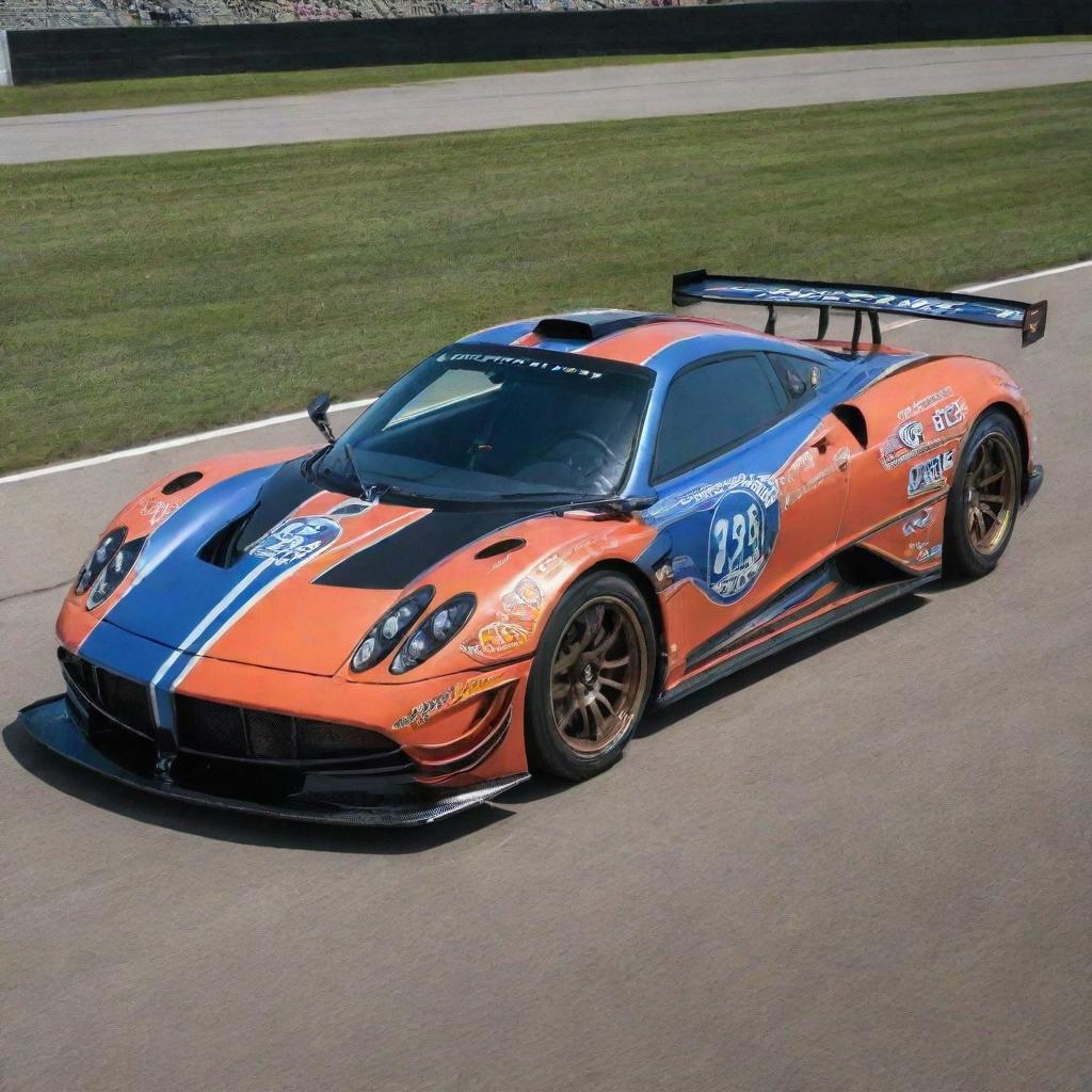 A Pagani car transformed into the NASCAR edition, featuring dazzling colors, race-specific modifications, and garnished with multiple sponsor decals.