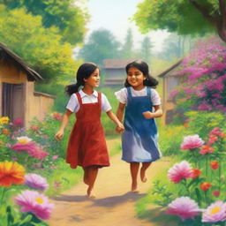 A village girl with her younger brother playing joyfully in a vibrant garden filled with blooming flowers and lush greenery