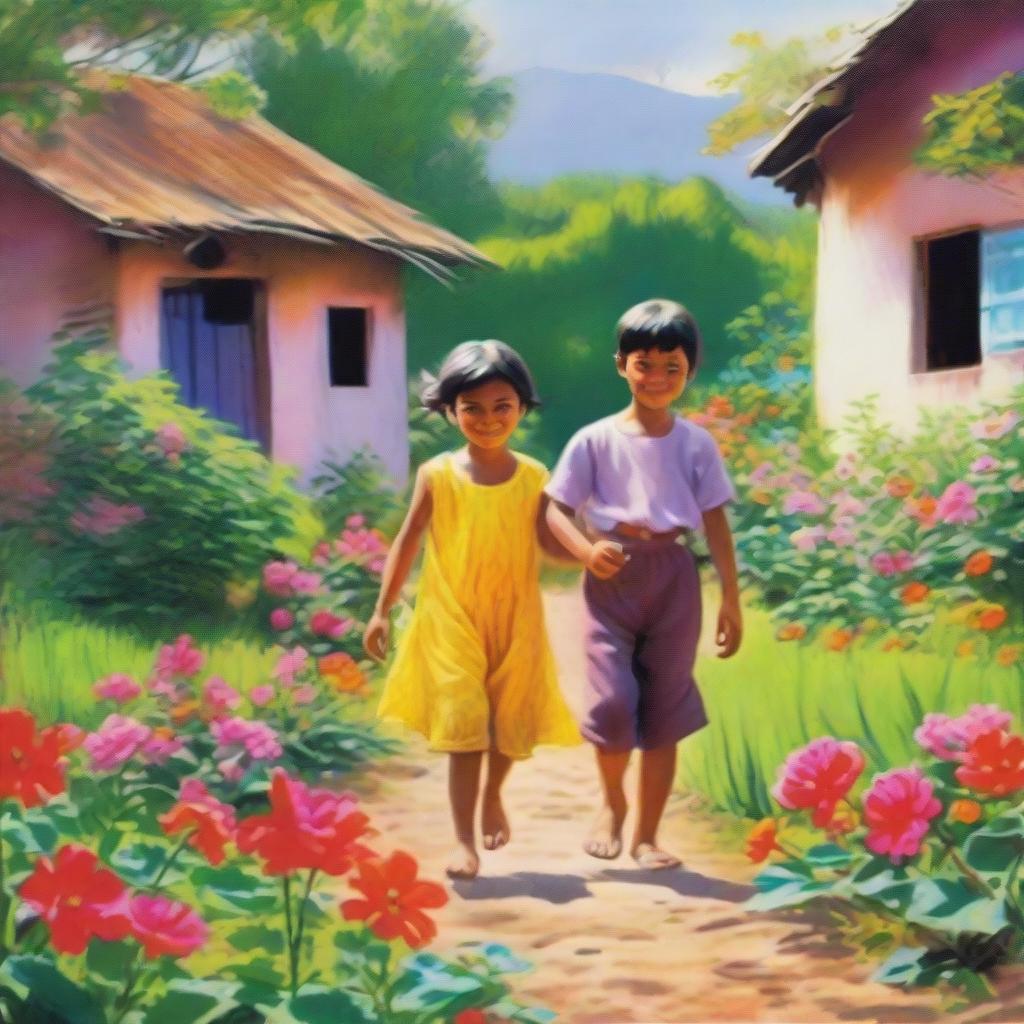 A village girl with her younger brother playing joyfully in a vibrant garden filled with blooming flowers and lush greenery