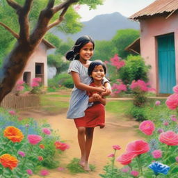 A village girl with her younger brother playing joyfully in a vibrant garden filled with blooming flowers and lush greenery