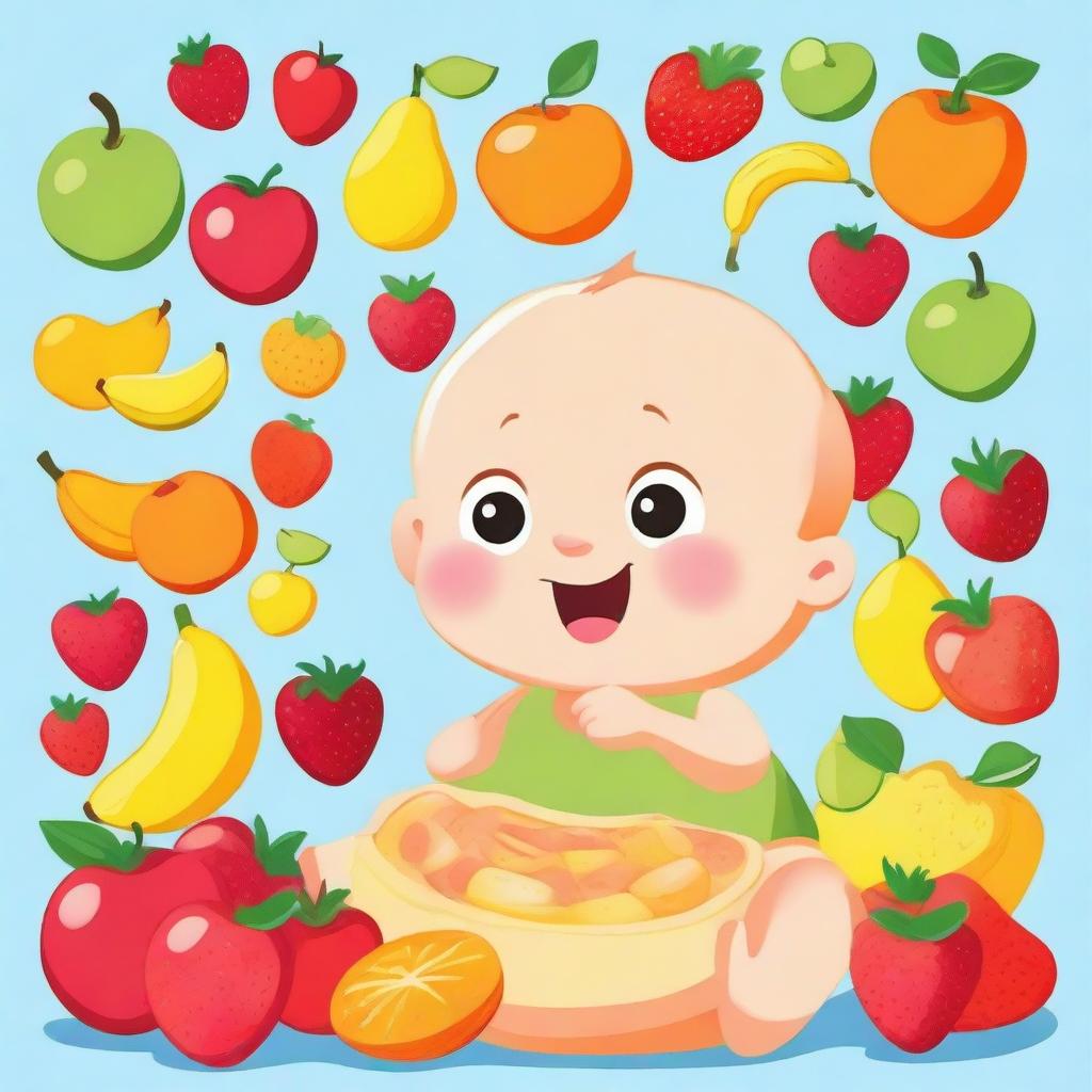 A cute baby happily exploring and learning the names of various fruits