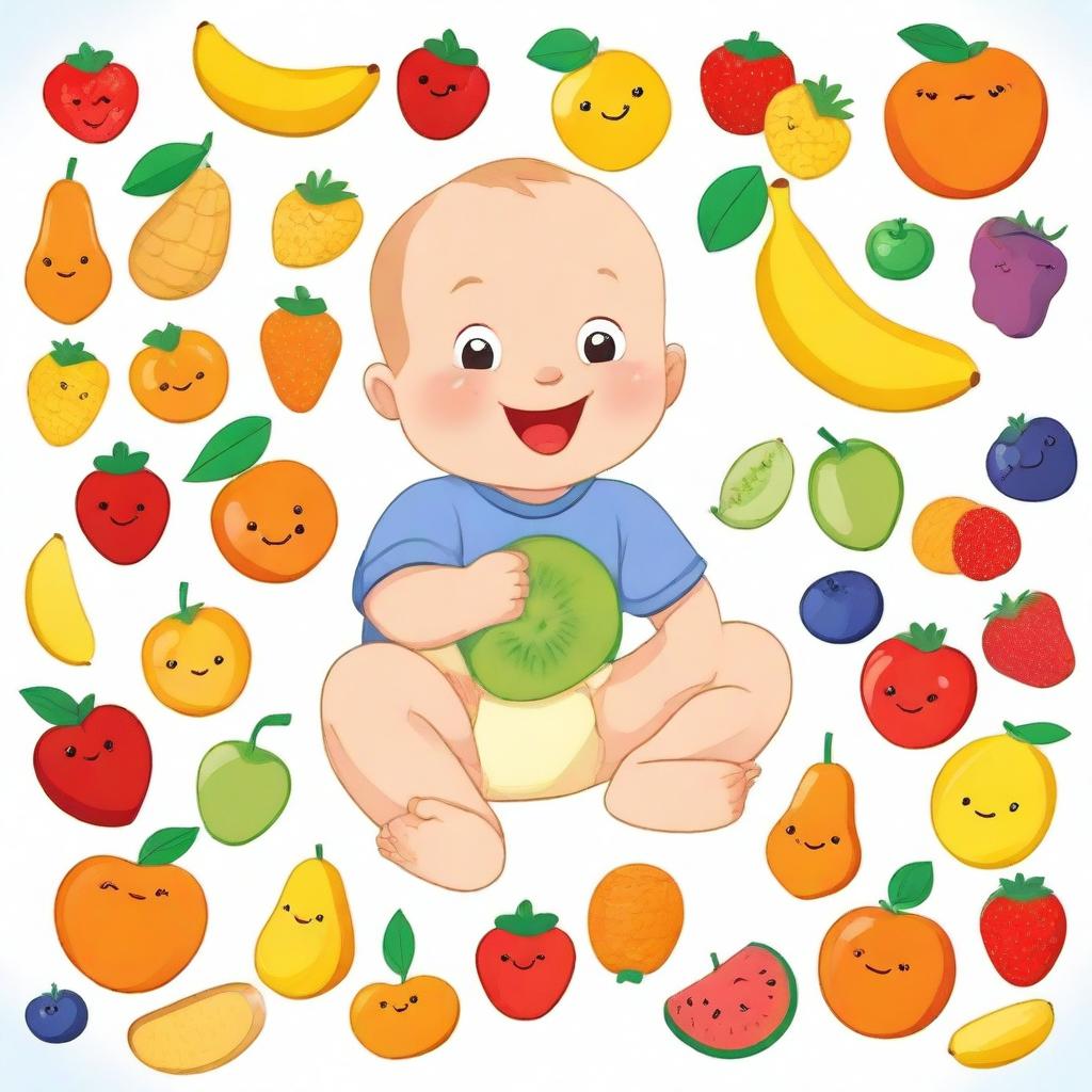 A cute baby happily exploring and learning the names of various fruits