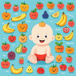 A cute baby happily exploring and learning the names of various fruits