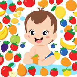 A cute baby happily exploring and learning the names of various fruits