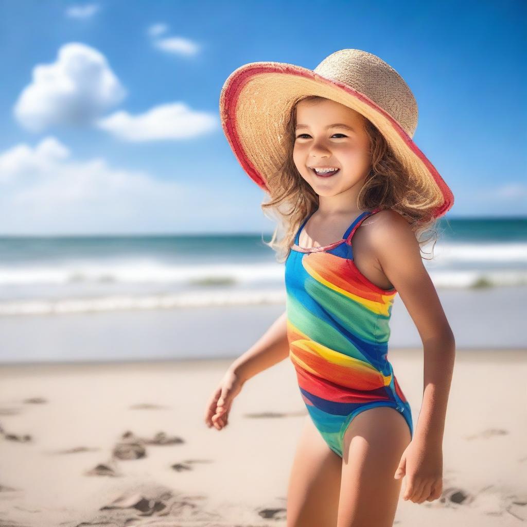 A young girl enjoying a sunny day at the beach, playing with sand and waves in the background