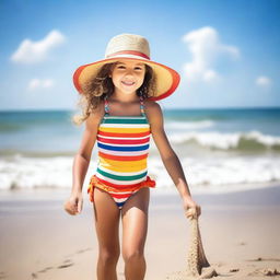 A young girl enjoying a sunny day at the beach, playing with sand and waves in the background