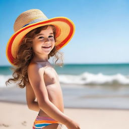 A young girl enjoying a sunny day at the beach, playing with sand and waves in the background