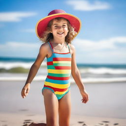 A young girl enjoying a sunny day at the beach, playing with sand and waves in the background