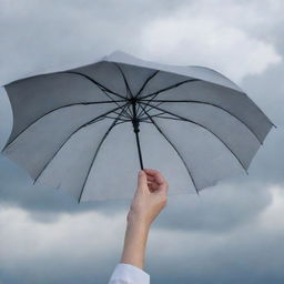 A detailed close-up image of a hand elegantly holding an open umbrella, against a backdrop of a cloudy sky.