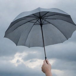 A detailed close-up image of a hand elegantly holding an open umbrella, against a backdrop of a cloudy sky.