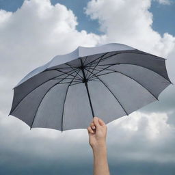 A detailed close-up image of a hand elegantly holding an open umbrella, against a backdrop of a cloudy sky.