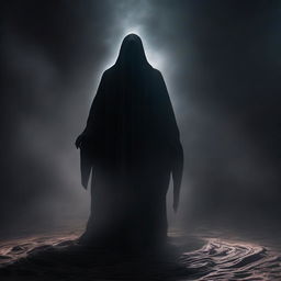 A mysterious figure bound by darkness, surrounded by swirling shadows and dim light