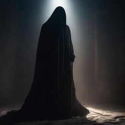 A mysterious figure bound by darkness, surrounded by swirling shadows and dim light