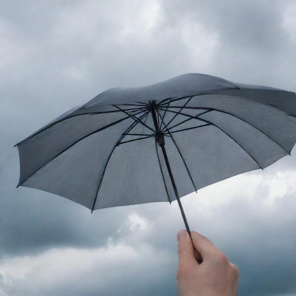 A detailed close-up image of a hand elegantly holding an open umbrella, against a backdrop of a cloudy sky.