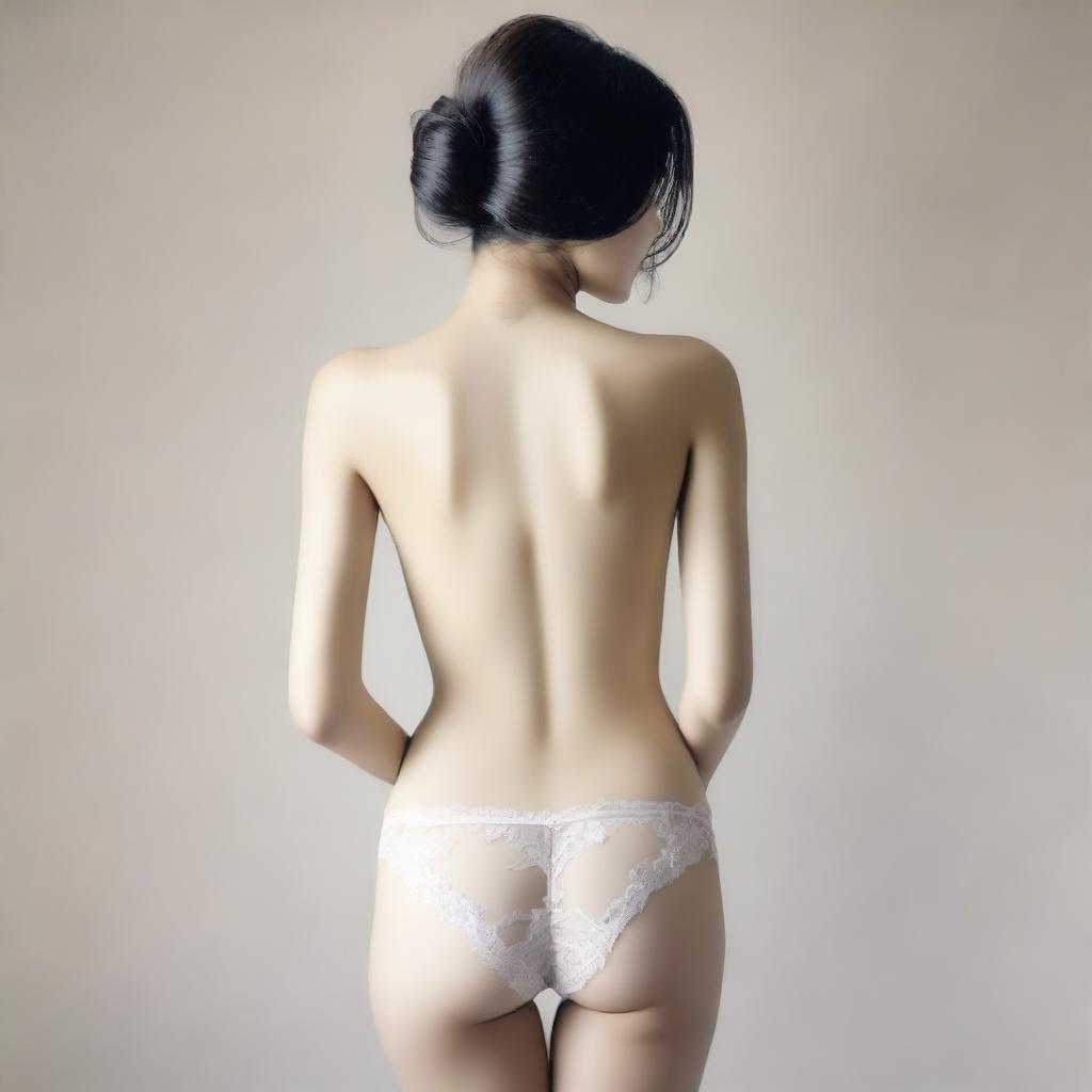 A tasteful artistic depiction of an Asian girl wearing lace underwear, viewed from the back