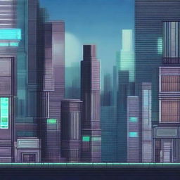 Create a vibrant and detailed background for a 16-bit pixel platformer game set in a futuristic city