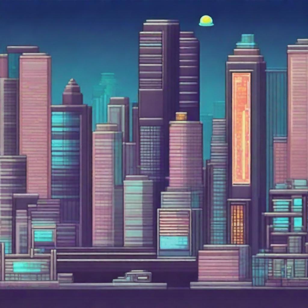 Create a vibrant and detailed background for a 16-bit pixel platformer game set in a futuristic city