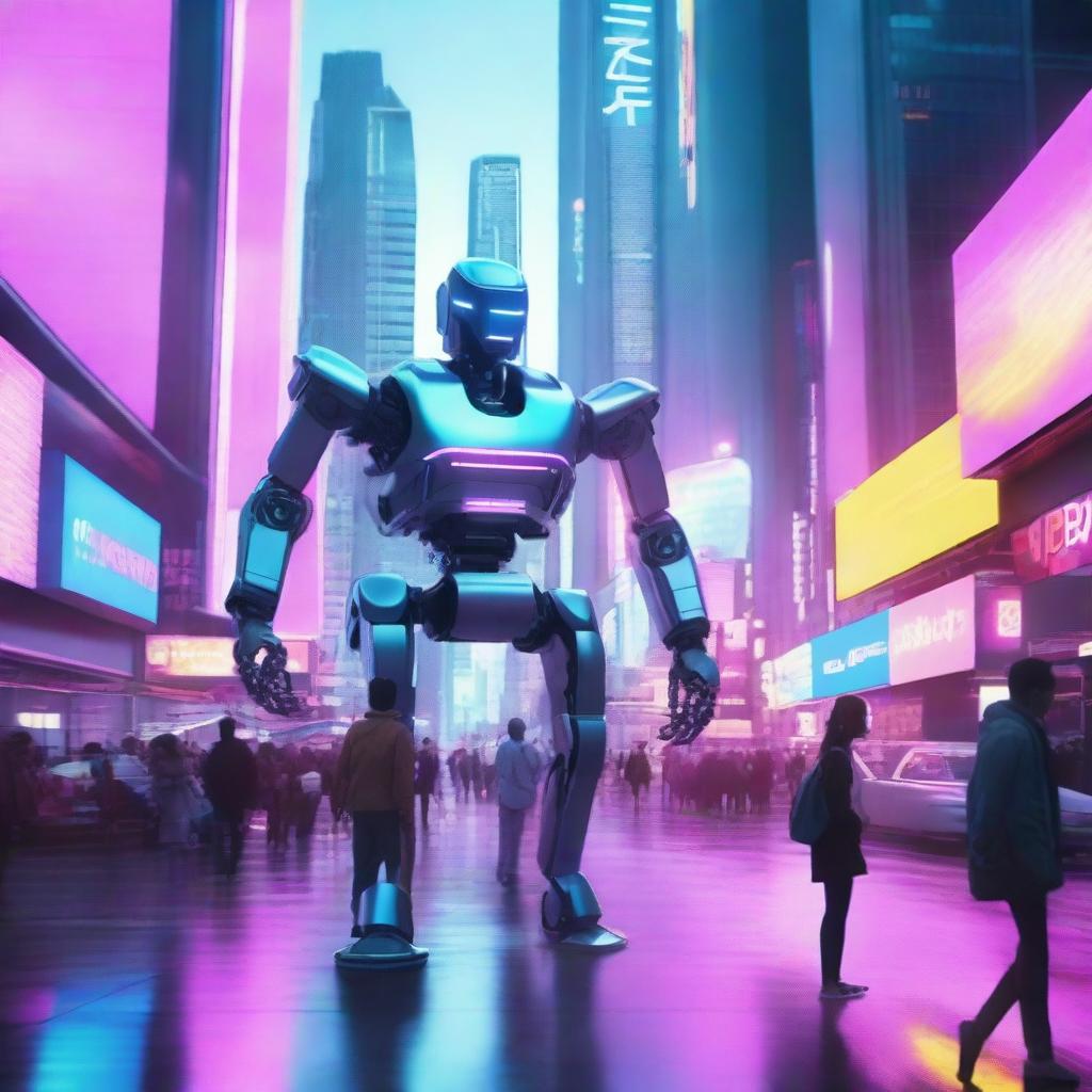 A futuristic scene from an AI movie, featuring advanced robots and humans interacting in a high-tech cityscape