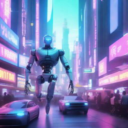 A futuristic scene from an AI movie, featuring advanced robots and humans interacting in a high-tech cityscape