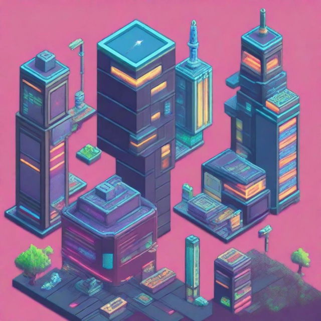 Create a vibrant and detailed environment for a 16-bit pixel platformer game set in a futuristic city