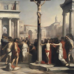 A historical depiction of a woman being crucified in ancient Rome