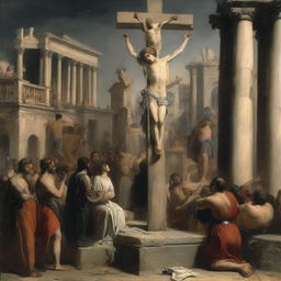 A historical depiction of a woman being crucified in ancient Rome