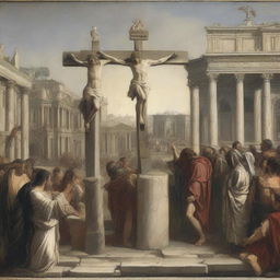 A historical depiction of a woman being crucified in ancient Rome