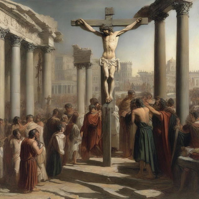 A historical depiction of a woman being crucified in ancient Rome