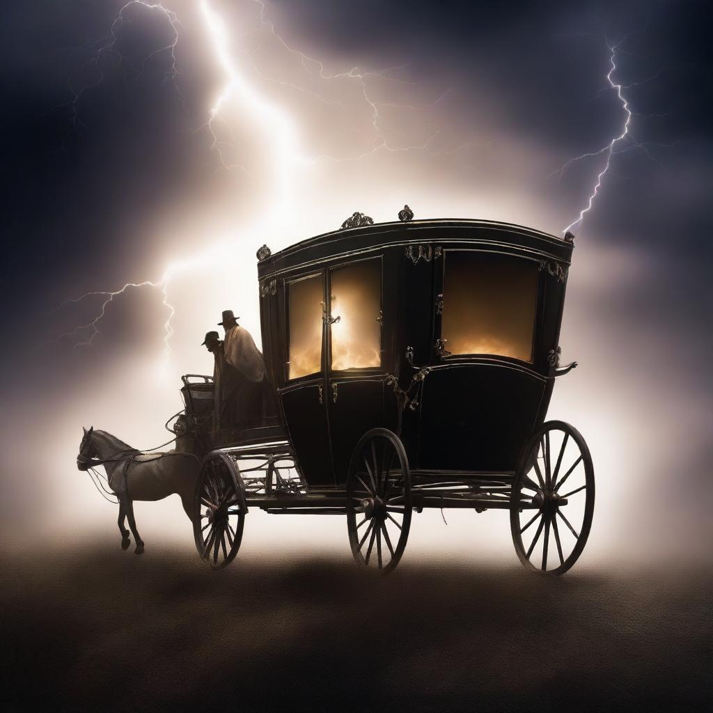 Design a book cover featuring a vanishing carriage struck by lightning