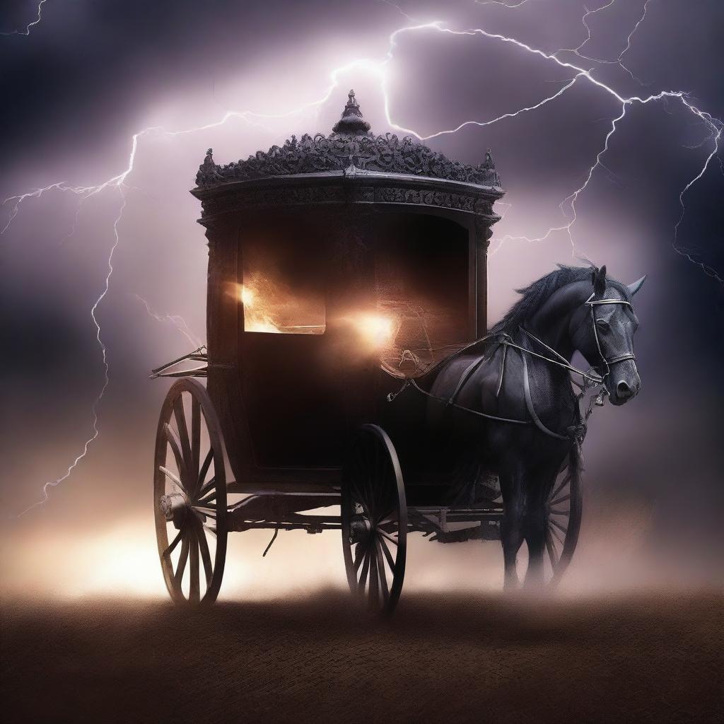 Design a book cover featuring a vanishing carriage struck by lightning