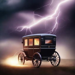 Create a book cover featuring a vanishing carriage being struck by lightning