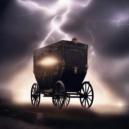 Create a book cover featuring a vanishing carriage being struck by lightning