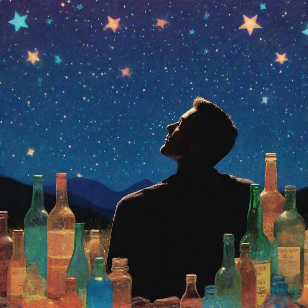 A psychedelic-style image of a man gazing at a starlit night sky, surrounded by scattered bottles of alcohol.